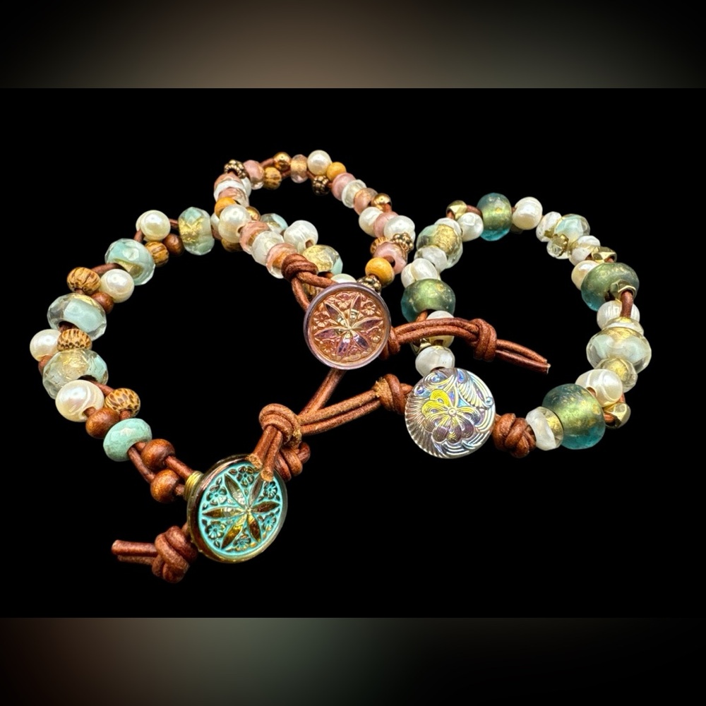 Artisan Leather Pearl Czech Glass Button Toggle Southwestern Boho Bracelets
